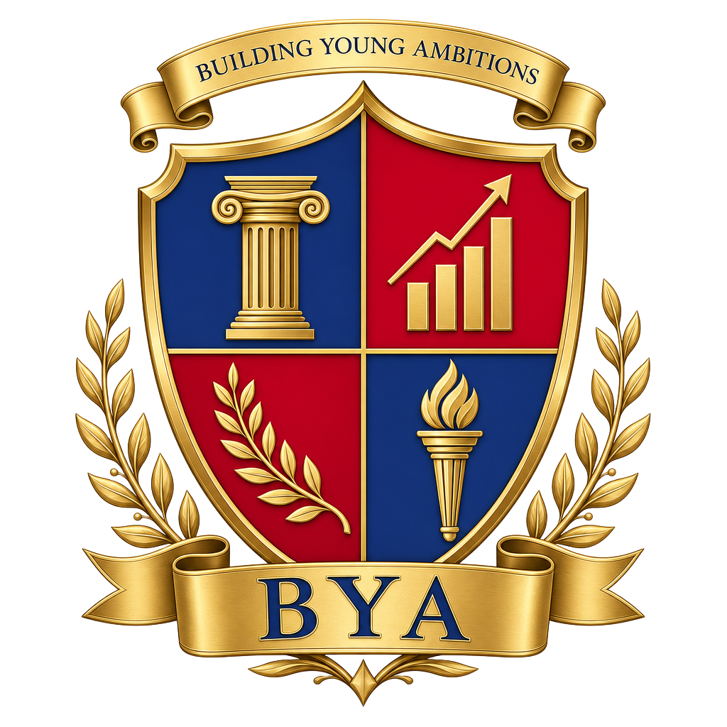 Business Youth Association crest with columns, growth chart, laurel and torch